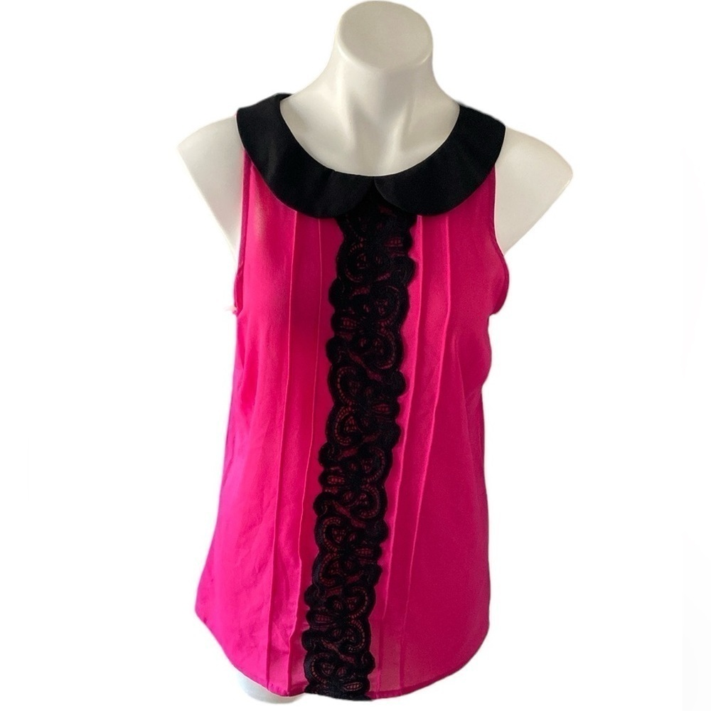 Iz Byer Hot Pink and Black Lace Sleeveless Tank Top with Black Peter Pan Collar